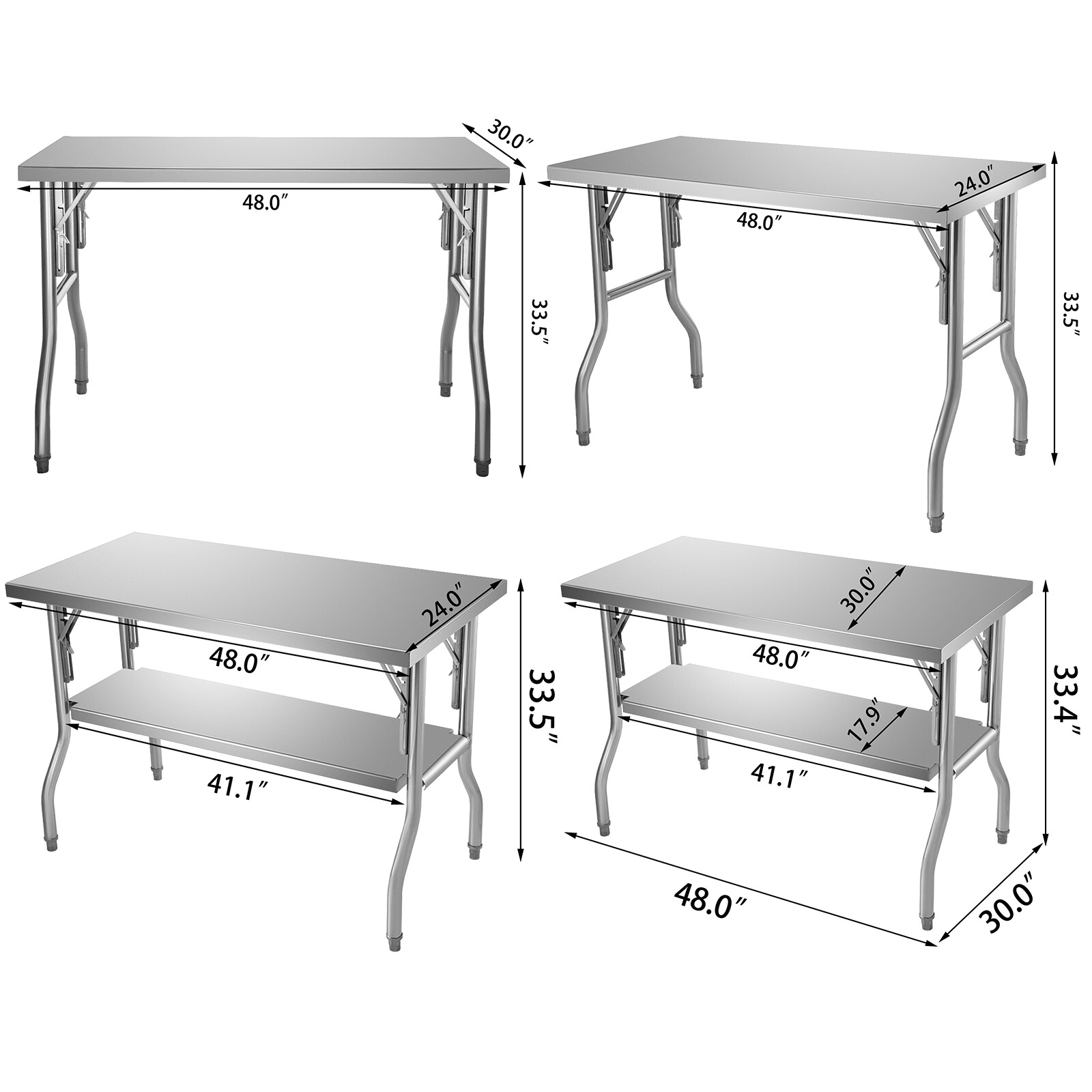 VEVOR Stainless Steel Folding Commercial Kitchen Prep Work Table 48 x 24/30 Inch