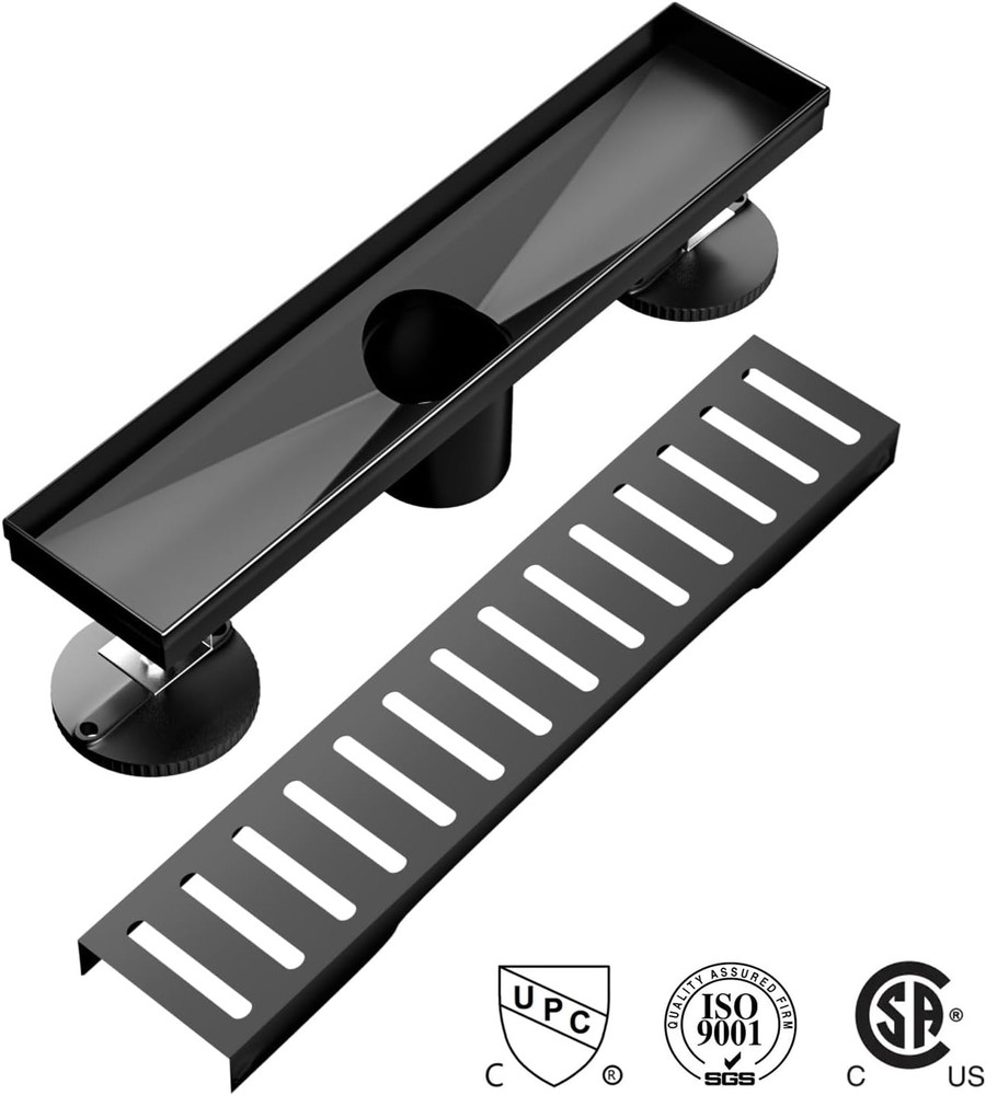 Black Linear Shower Drain 12 Inch with Removable Capsule Pattern Grate