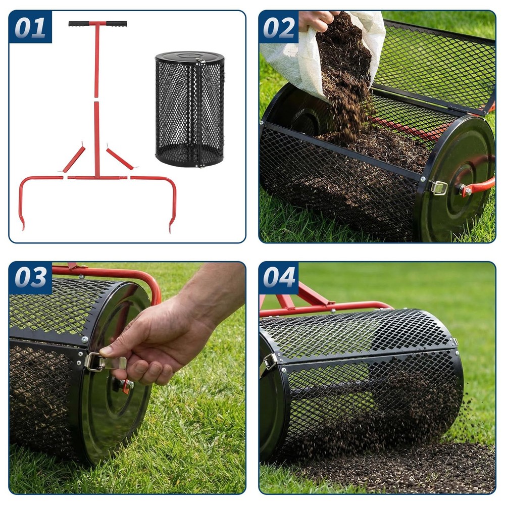 Compost Spreader, 24'' Wide Peat Moss Spreader with Handle, 3 Heights Adjustable