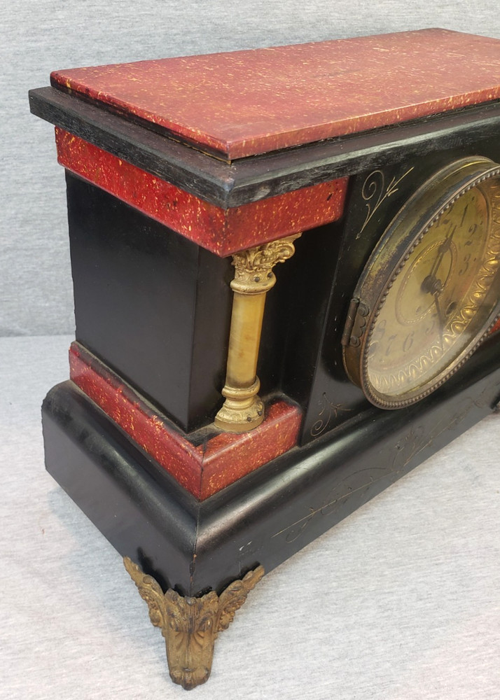 Antique Seth Thomas Red & Black Two Column Adamantine Mantel Clock & Pendulum PR