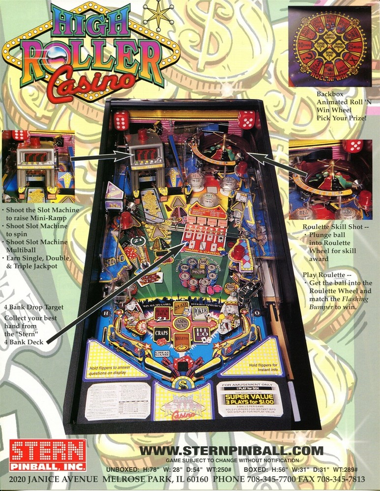 High Roller Casino Pinball Flyer Mint / Brochure / Ad