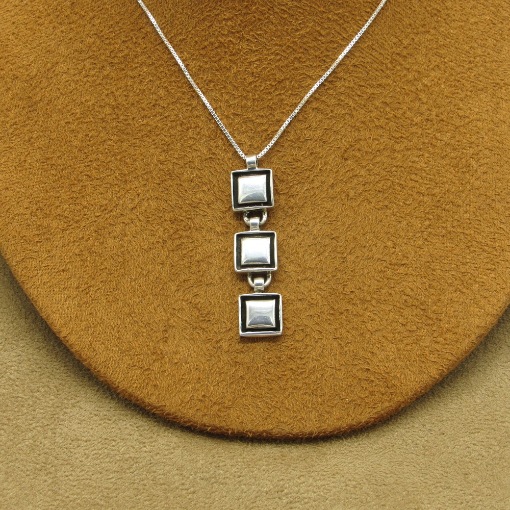 Sterling Silver Three Vertical Squares Pendant Necklace