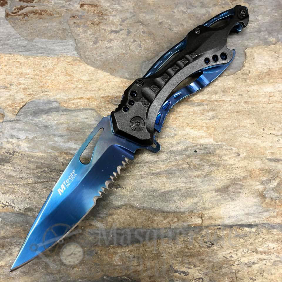 MTech Half Serrated Tactical Rescue Spring Assisted Folding Pocketknife [Blue]