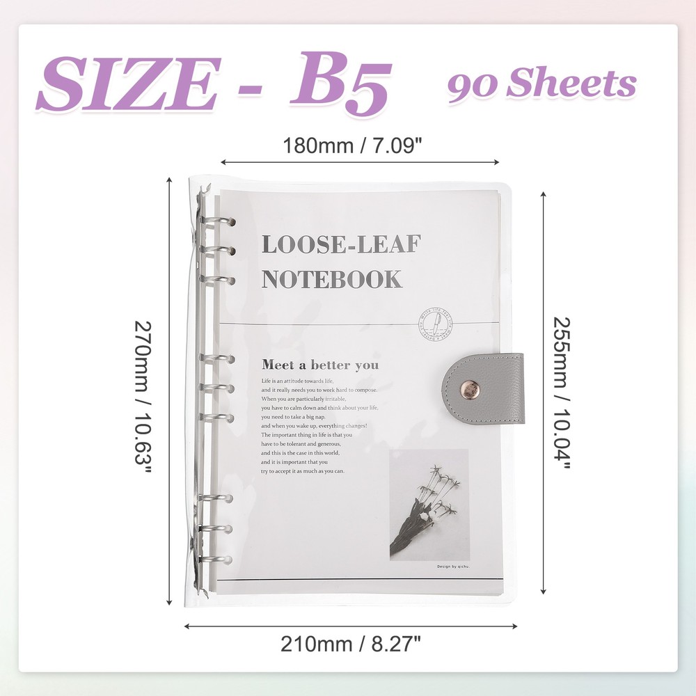 9-Ring B5 Notebook Binder with 90 Sheets Lined Paper for Planner, Gray