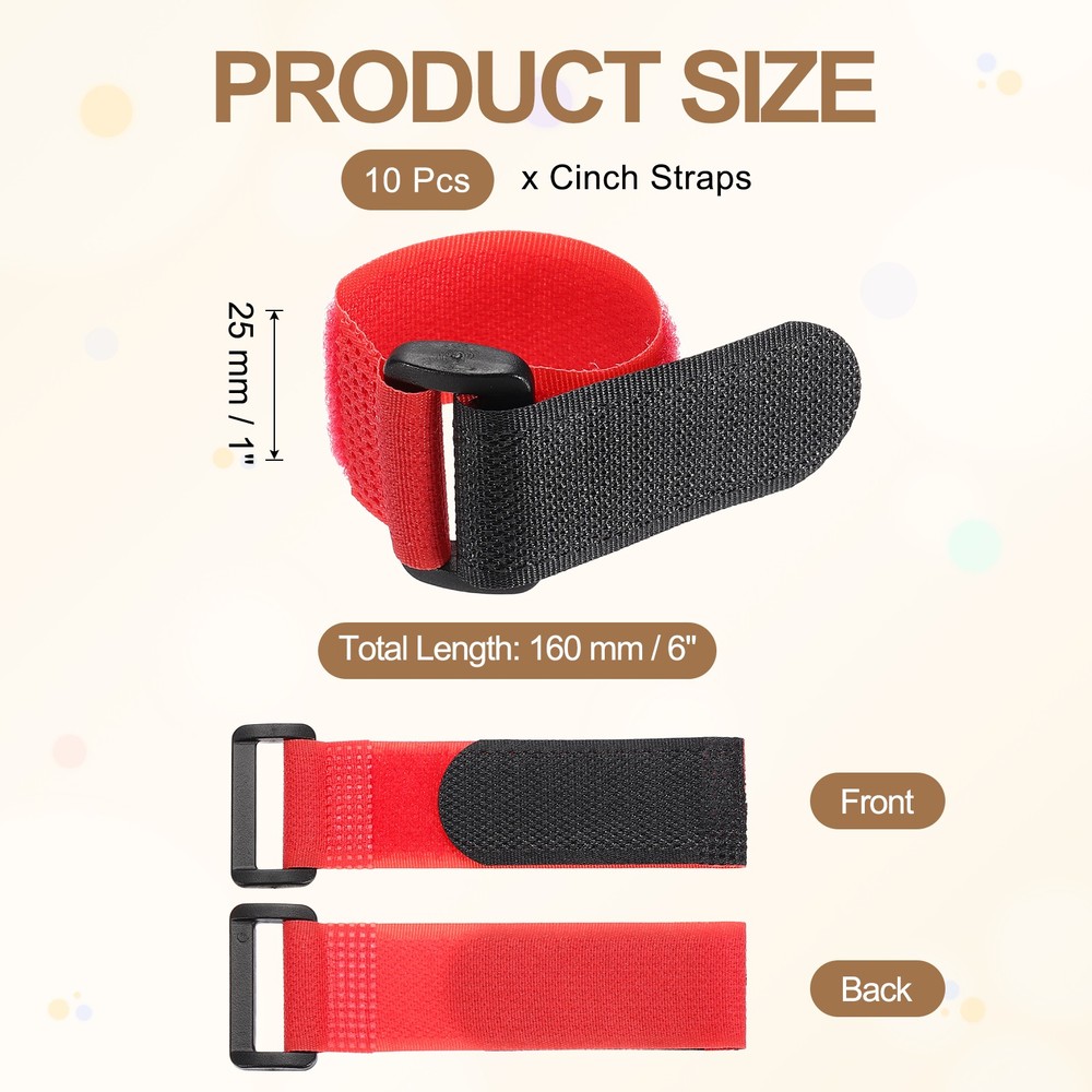 10pcs Reusable Cinch Straps 1"x6" Hook and Loop Cable Securing Straps, Red