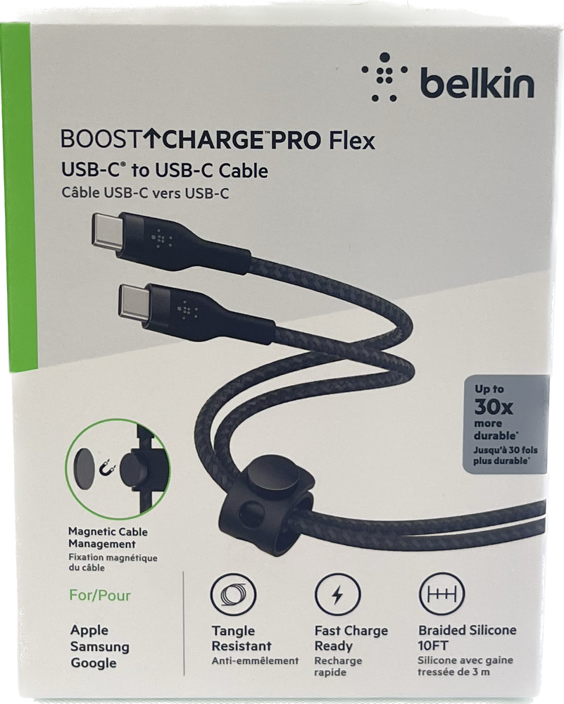 NEW Belkin BoostCharge Pro Flex USB-C Cable W/USB-C Connector Cable + Strap 10FT