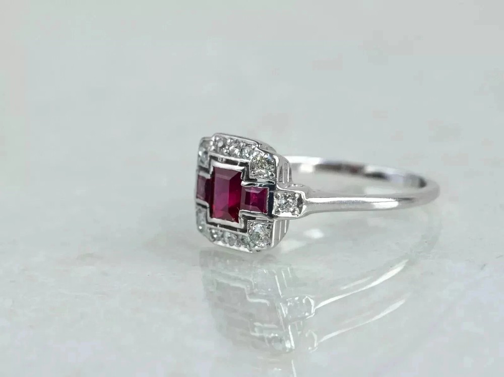 Art Deco Style Ruby & Lab Created Diamond 14k White Gold FN Wedding Gift Ring