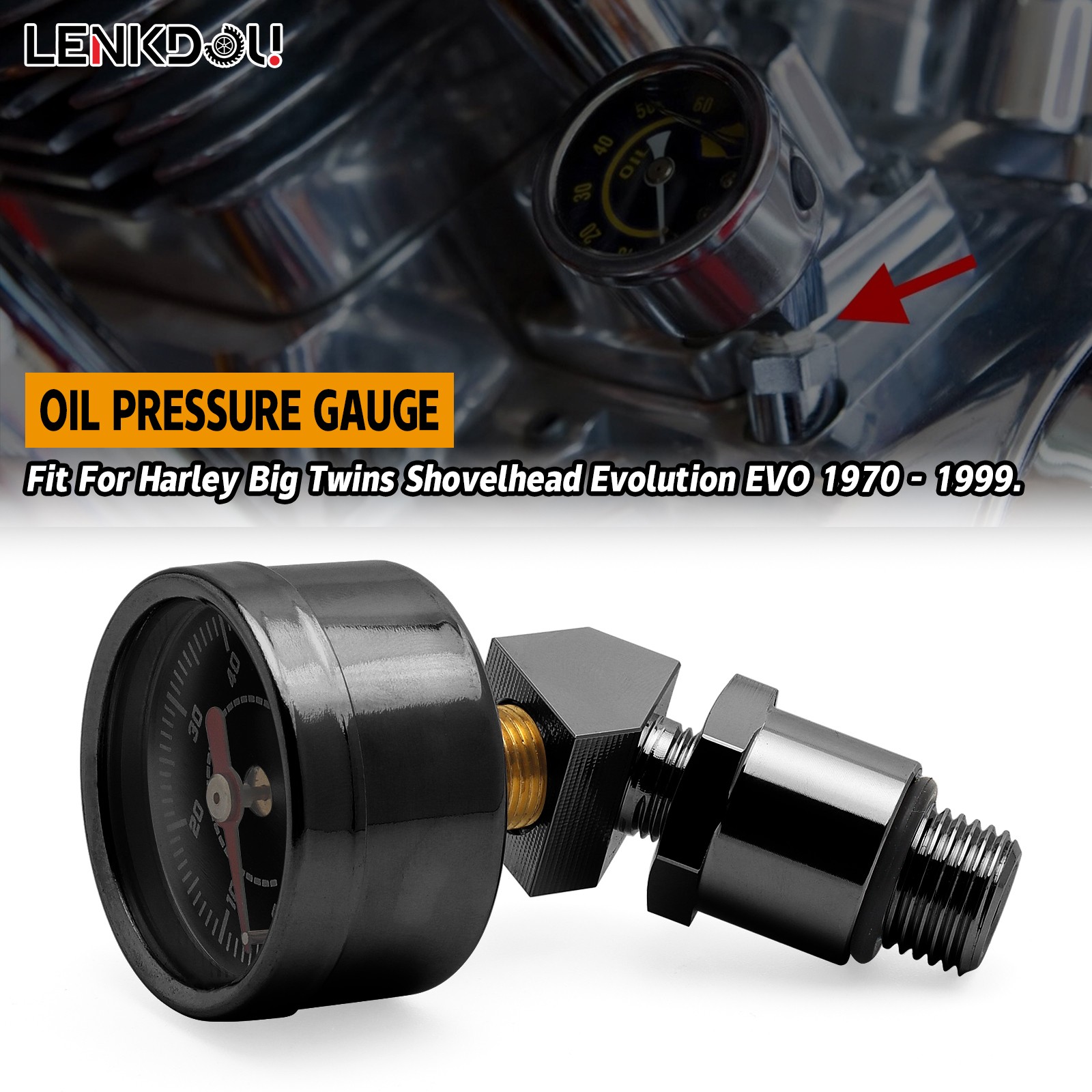 For Harley Big Twin EVO Engine 0-60 Psi Oil Pressure Filled Gauge Adapter Black