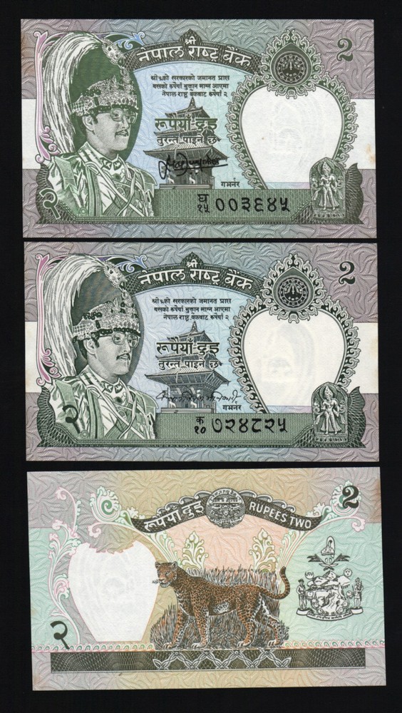 NEPAL 2 RUPEES P29 a 29 b 1981 1996 SET ERROR & REGULAR LEOPARD EVEREST UNC NOTE