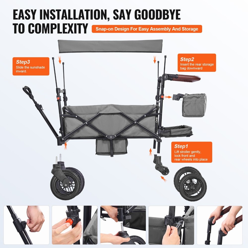 Wagon Stroller for 2 Kids, Push Pull Quad Collapsible Stroller with Adjustable H
