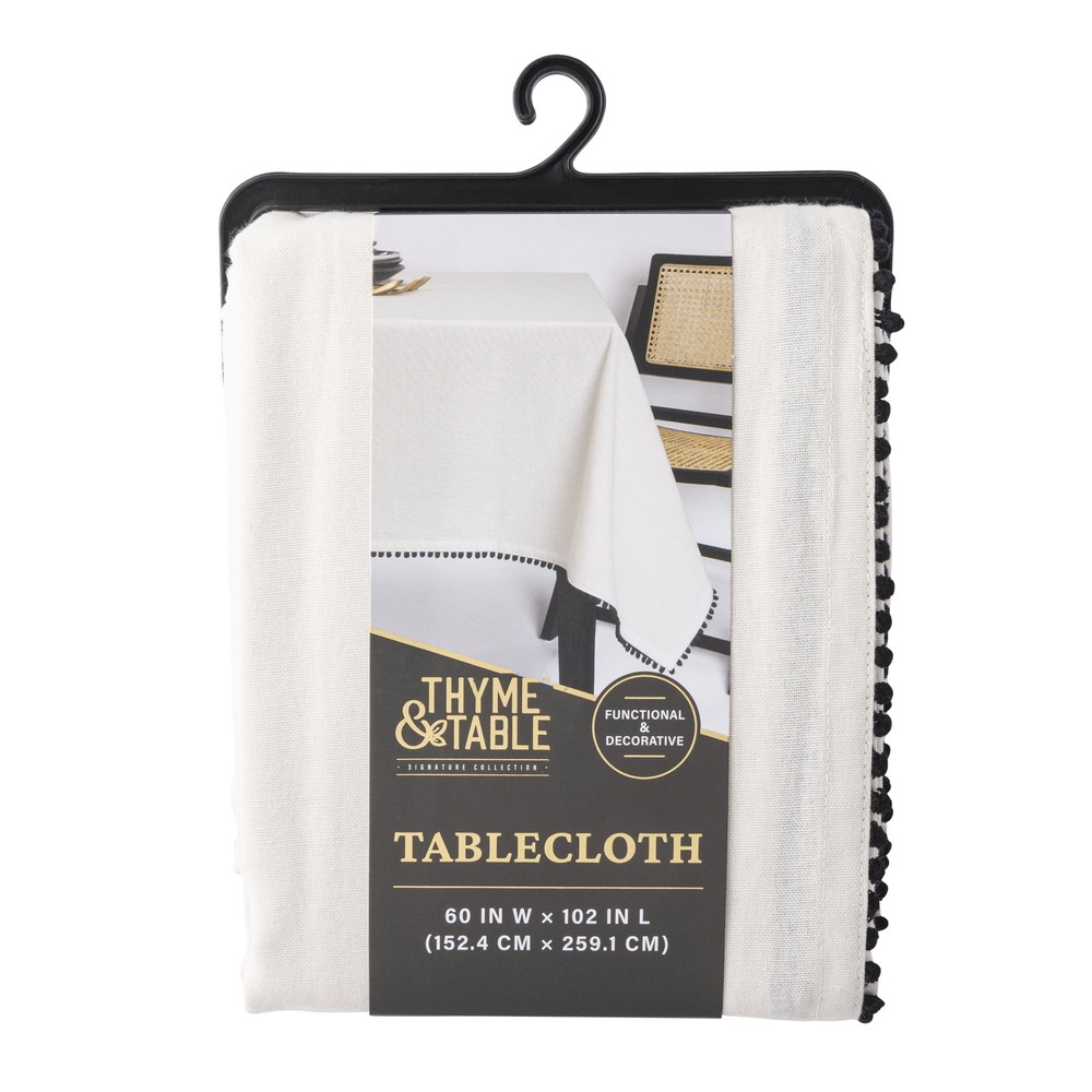 Thyme & Table 102" Rectangle Tablecloth, Ivory with Black Pom Pom Trim