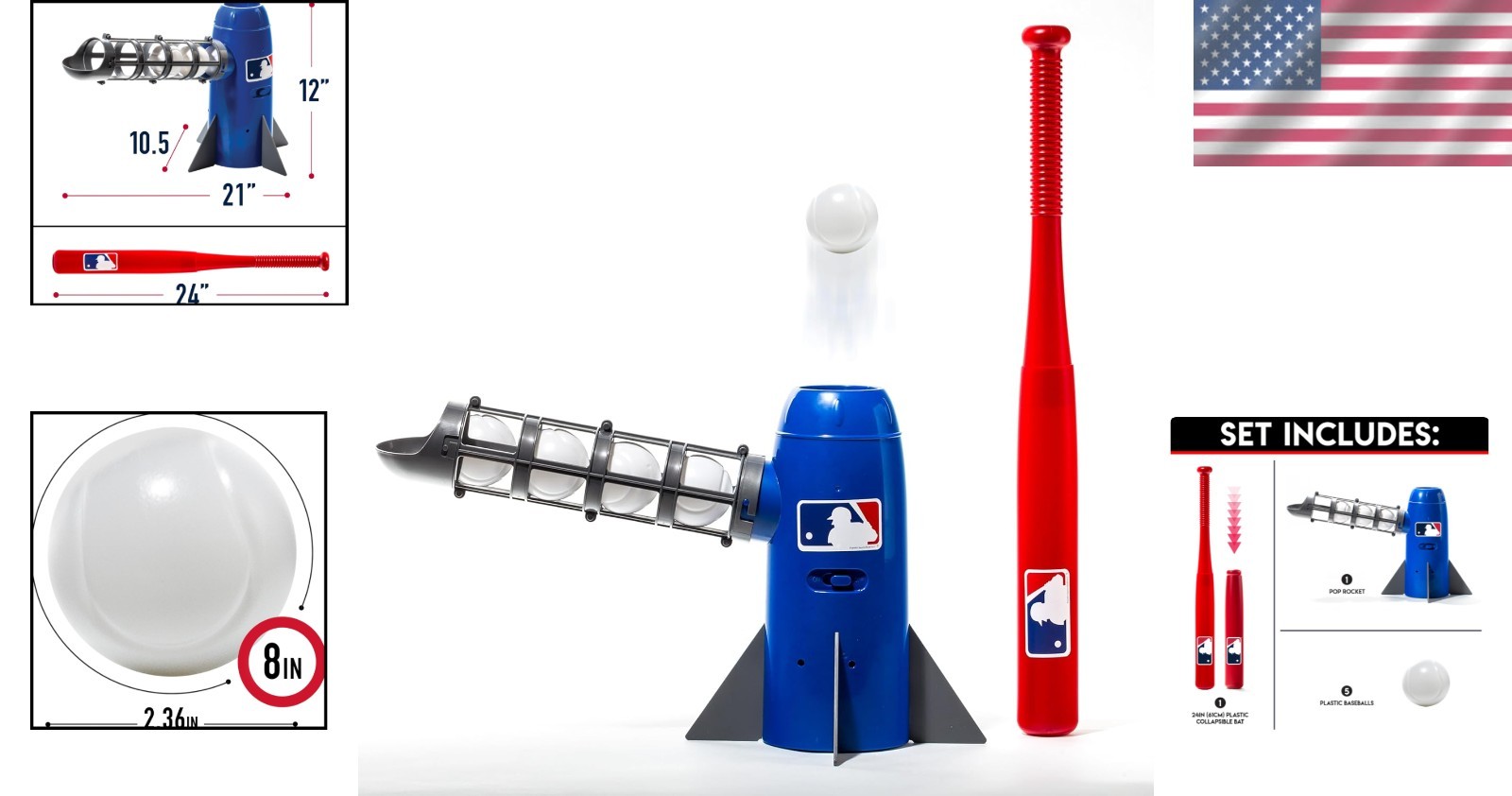MLB Kids Pitching Machine Pop Rocket with Plastic Baseballs