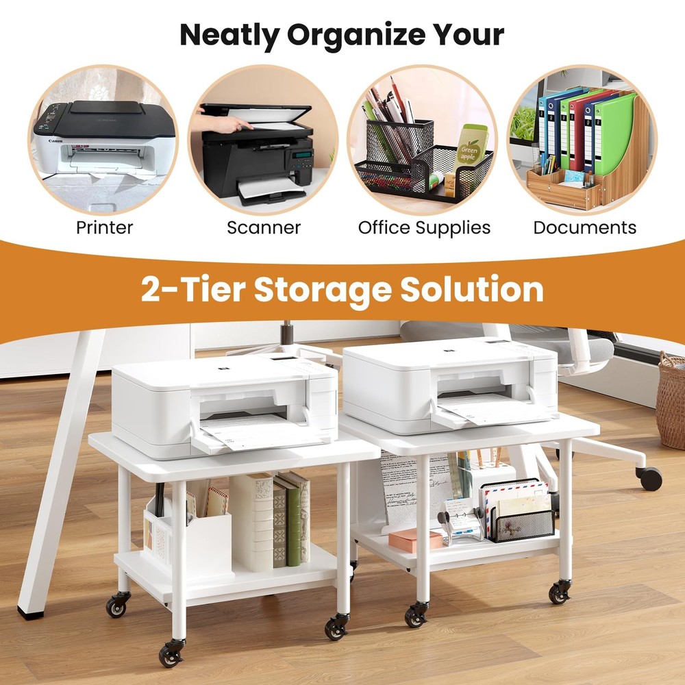 Under Desk Printer Stand, 2-Tier Mobile Printer Table with Storage Shelf, Loc...