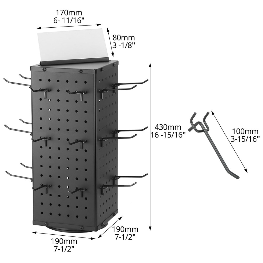 4-Sided Rotating Pegboard Display Stand, Metal Spinner, 24 Hooks, Black, Retail.