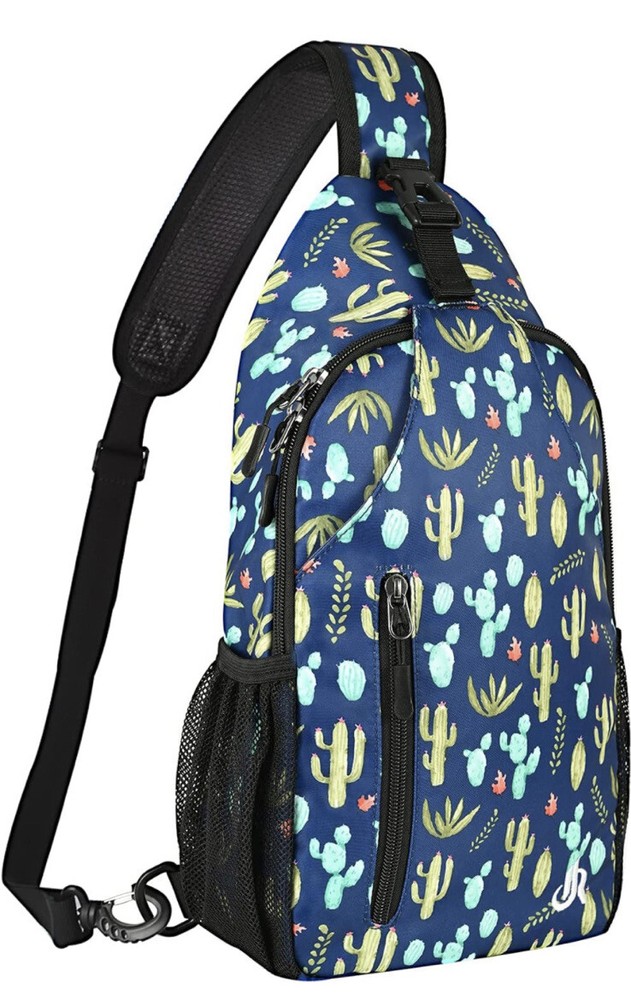 Sling Backpack Cactus Design  15.7” Blue Crossbody Backpack 7 Compartments