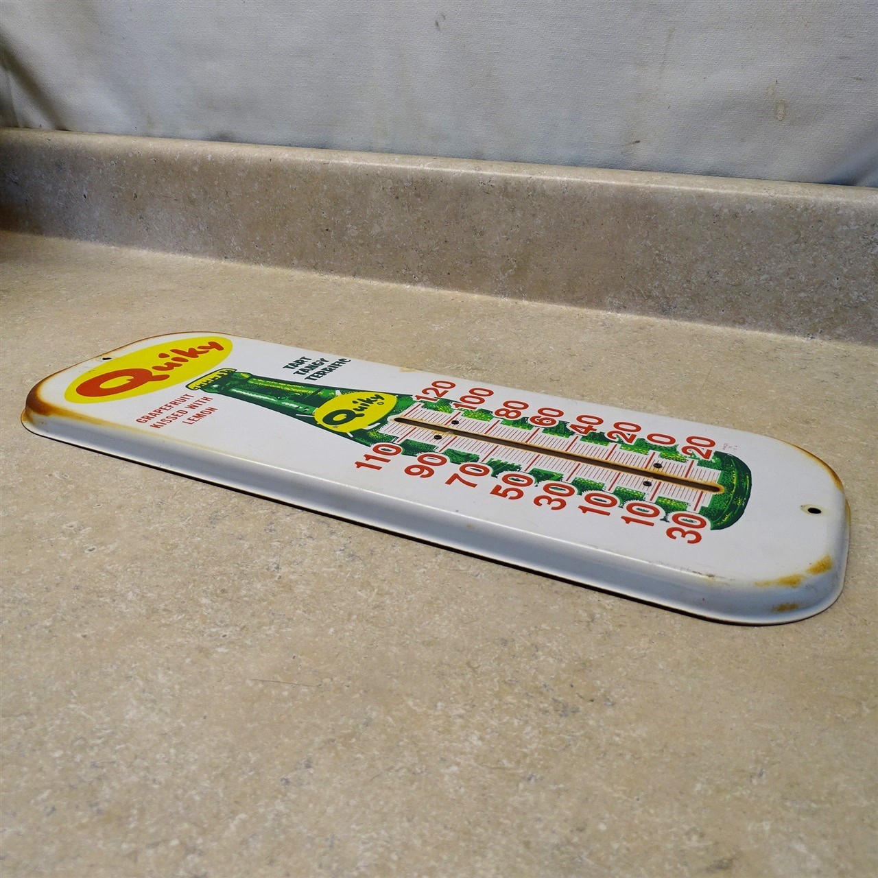 Vintage Quiky Lemon Thermometer Soda Pop, Original Metal, 16" Tombstone