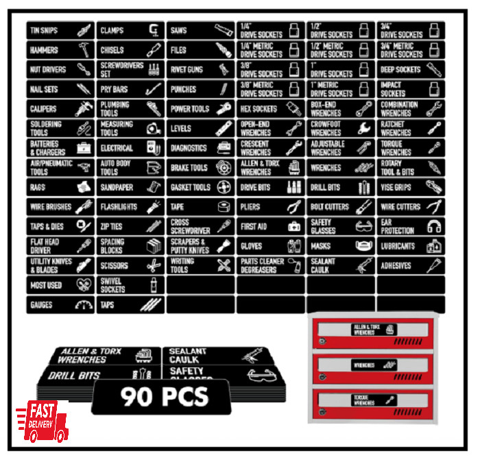 90 PCS Magnetic Toolbox Labels, 82 Pre-Printed & 8 Blanks Large Size Tool Chest