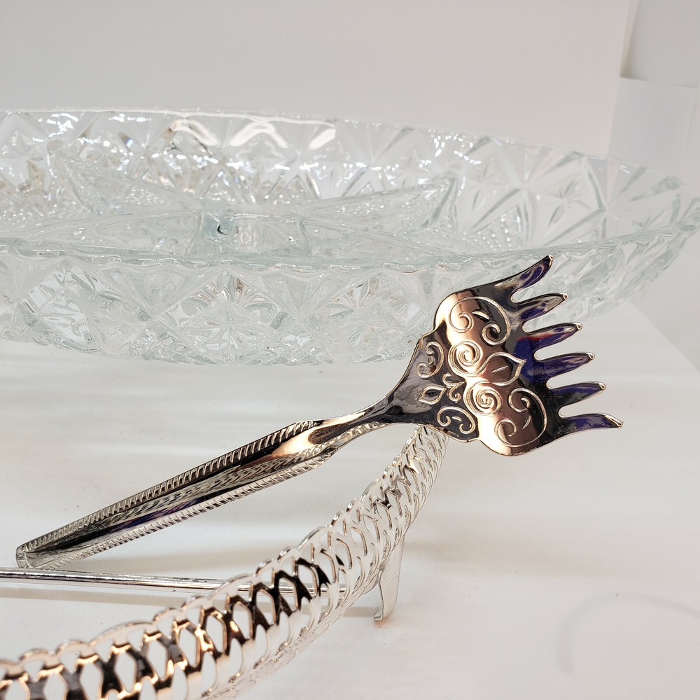 Queen Anne Silverplate Tableware Cut Glass Divided Oval Dish Caddy England