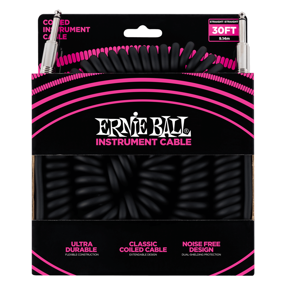 Ernie Ball 6044 Coiled Instrument Cable Straight/Straight 30ft - Black