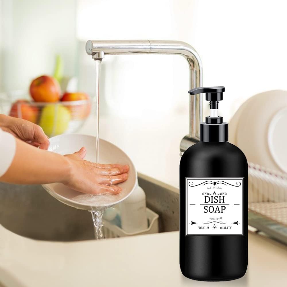 Black Soap Dispenser W/ Rust Proof Pump Waterproof Labels 2 Pack,16 Oz Plastic