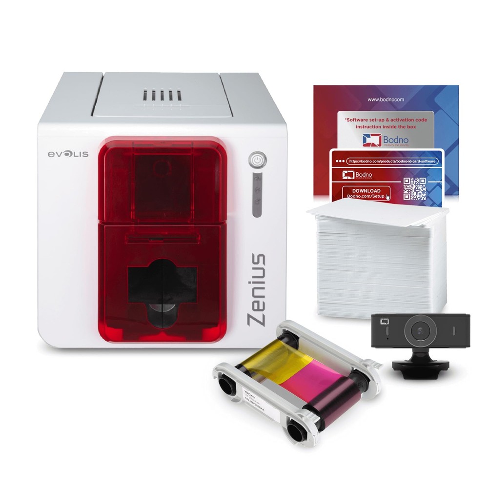 Bodno Evolis Zenius Single Sided ID Card Printer & Complete Supplies Package