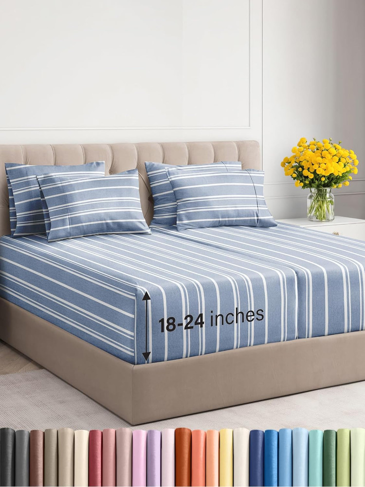 Cooling Extra Deep Split King Sheet Set - 7 Piece Luxury Bedding - Blue Stripes