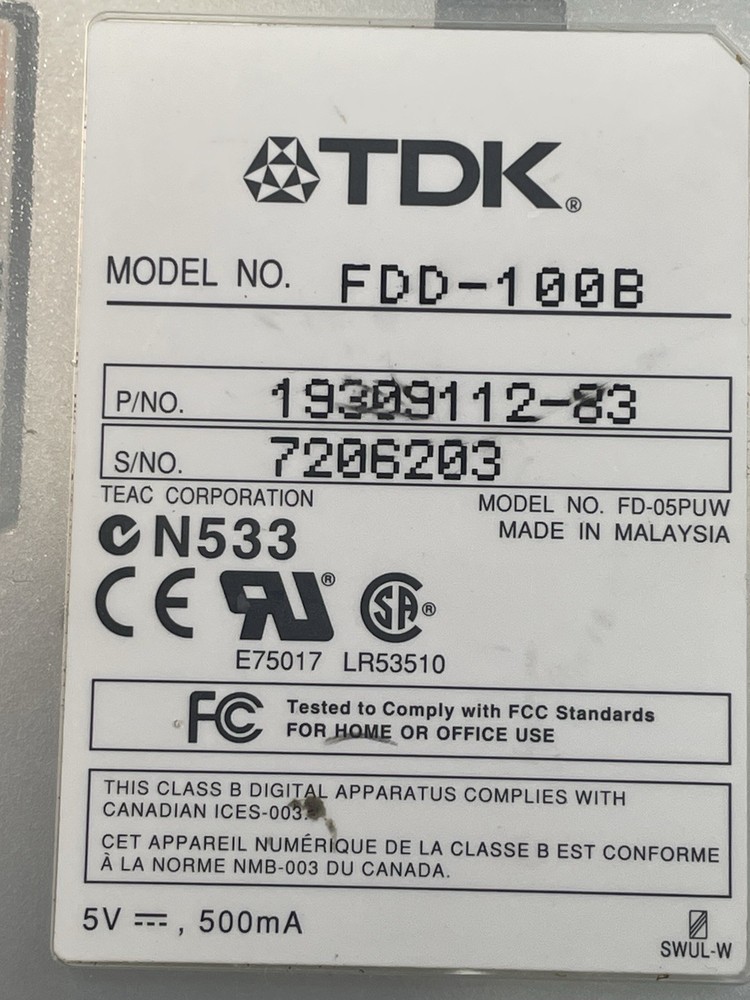 TDK FDD-100b 3.5" External USB computer Floppy Drive clear