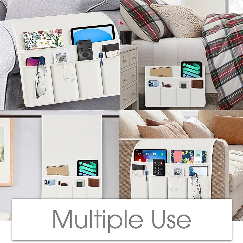 Adjustable 6-Pocket Sofa Armrest Organizer - Ivory Fabric Caddy for Essentials