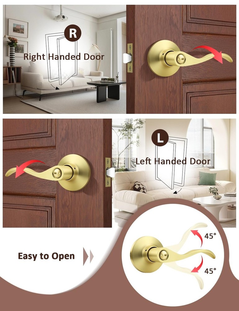Mengico 8 Pack Gold Privacy Door Lever, Modern Interior Door Knobs Locks for ...