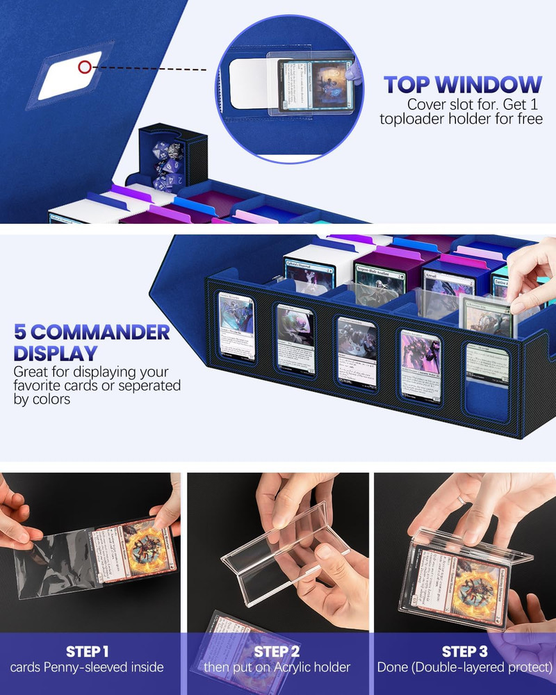 Trading Card Storage Box, 5 Row Card Deck Case with Commander Display & Portable