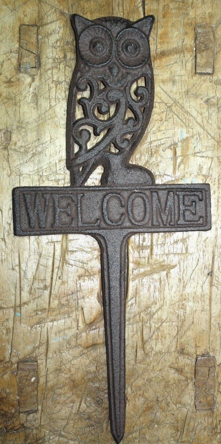 Rustic Cast Iron Owl Welcome Garden Stake Sign Home Decor