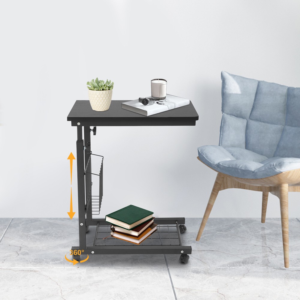 2 Tiers Adjustable Bed Side Table Black Indoor Mobile Standalone Table w/ Wheels