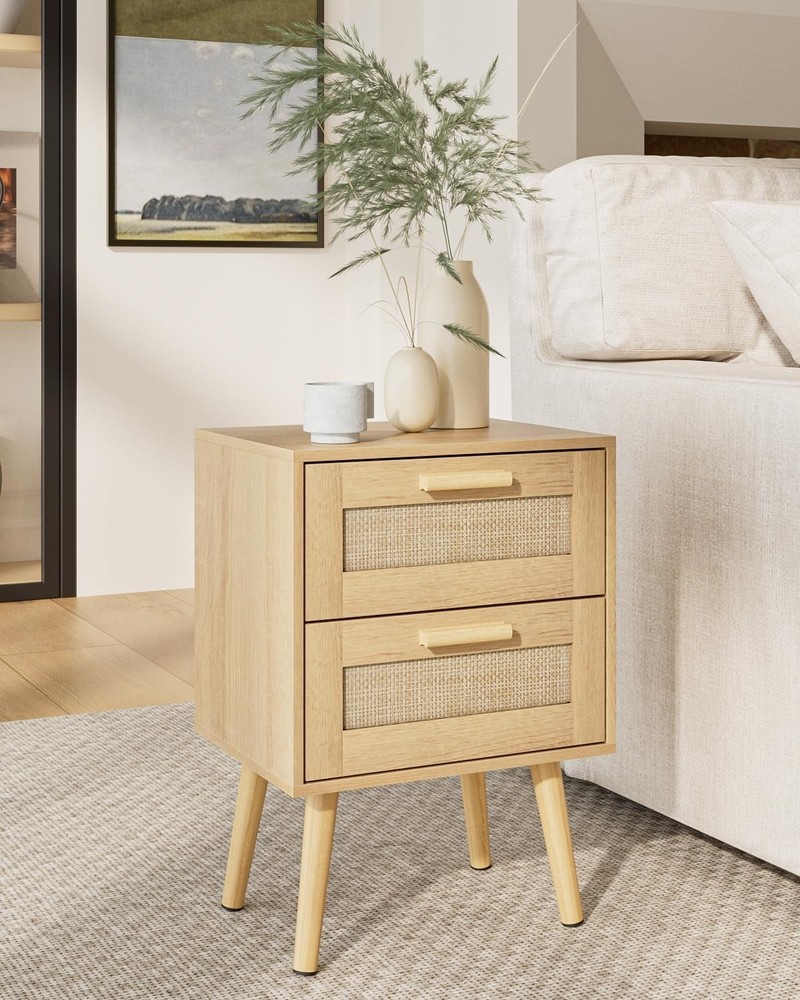 Rattan Night Stand,Modern nightstand Boho Bedside Table W/ 2 Drawer,Small End