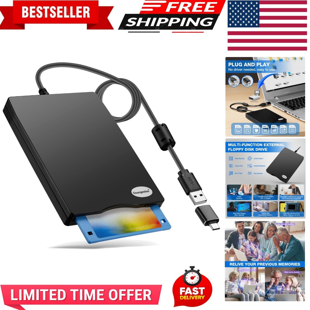 Floppy Disk Reader, 3.5 inch 1.44mb External USB Type A/C Floppy Disk Drive f...