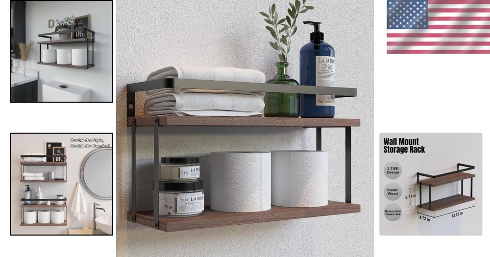 Handcrafted Rustic Brown Bathroom Shelves with Protective Rail, 20 lbs Capacity