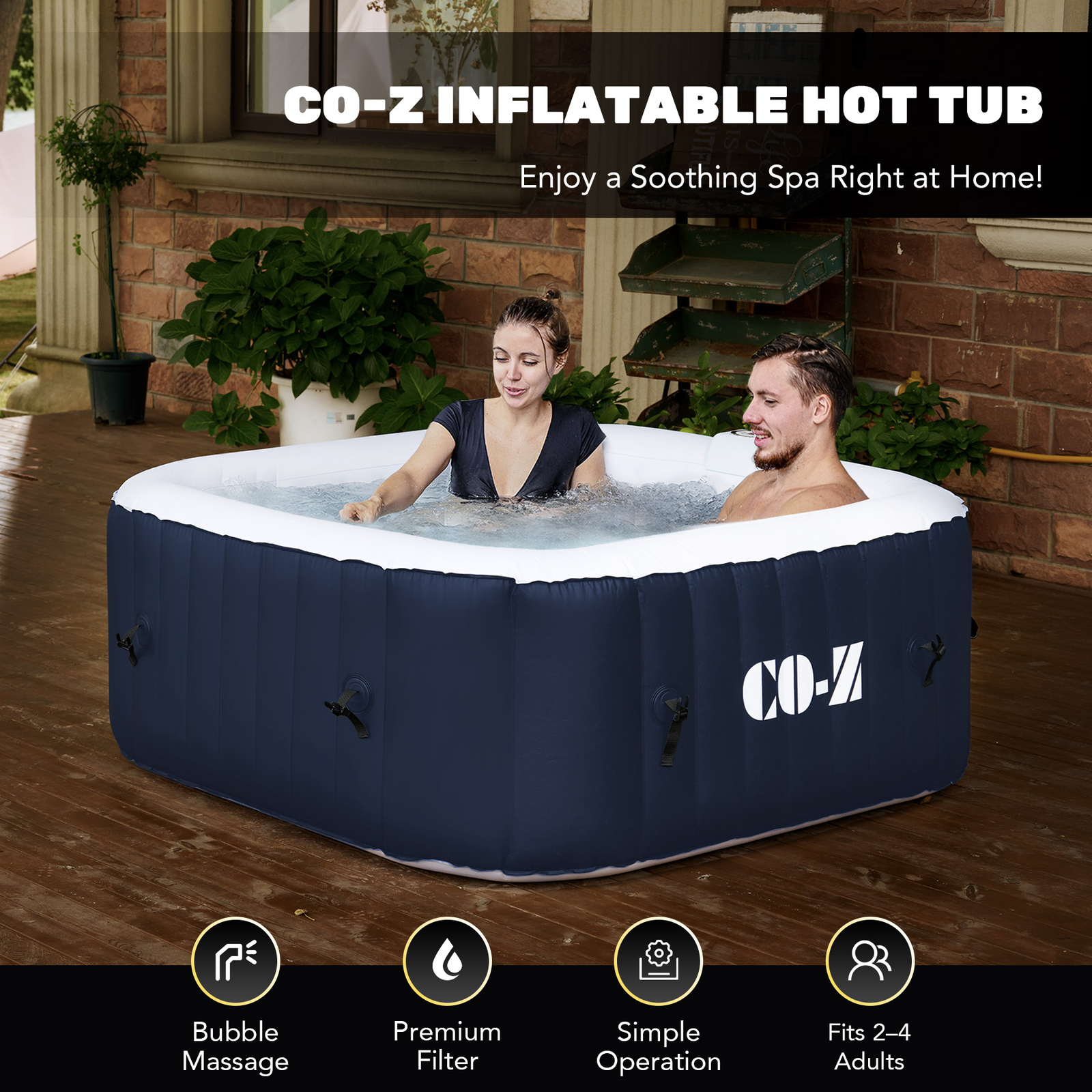 CO-Z 4 Person Portable Inflatable Outdoor 120 Air Jet Spa Hot Tub w Pump & Cover