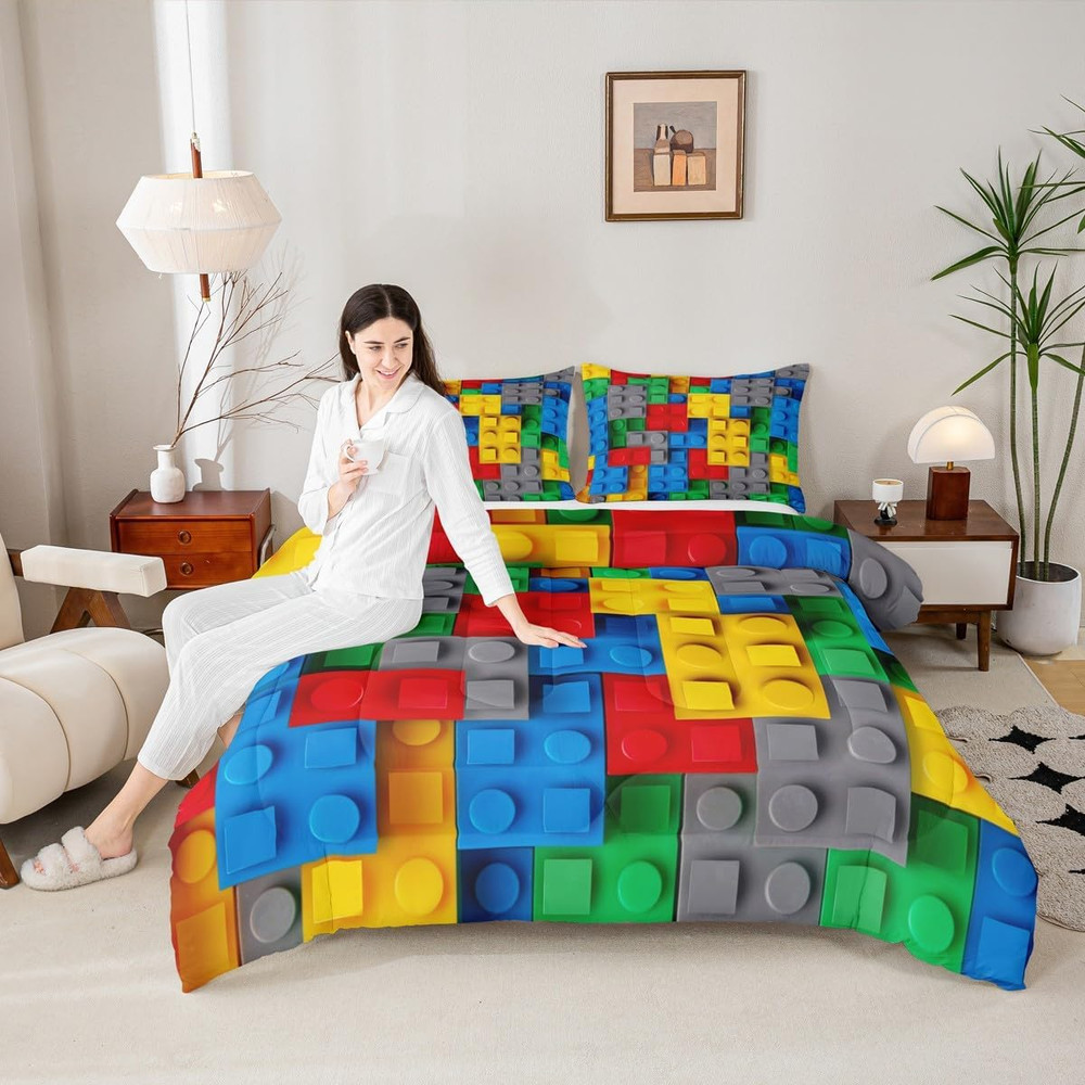 Construction Queen Comforter Set Colorful Bedding Set 3D Building Blocks Quilt,K