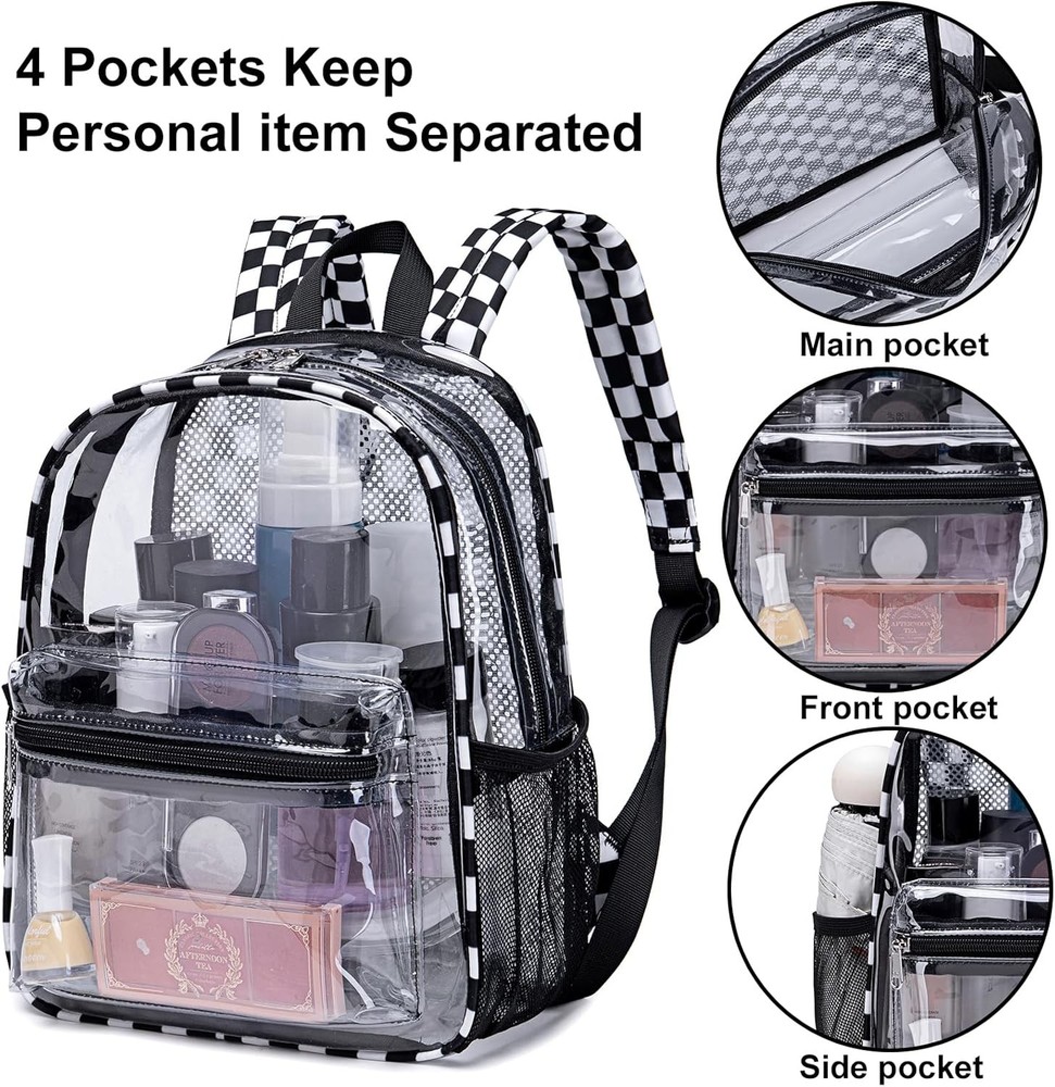 Clear Mini Backpack for Stadium 12'' H-Mini, Black White - Plaid