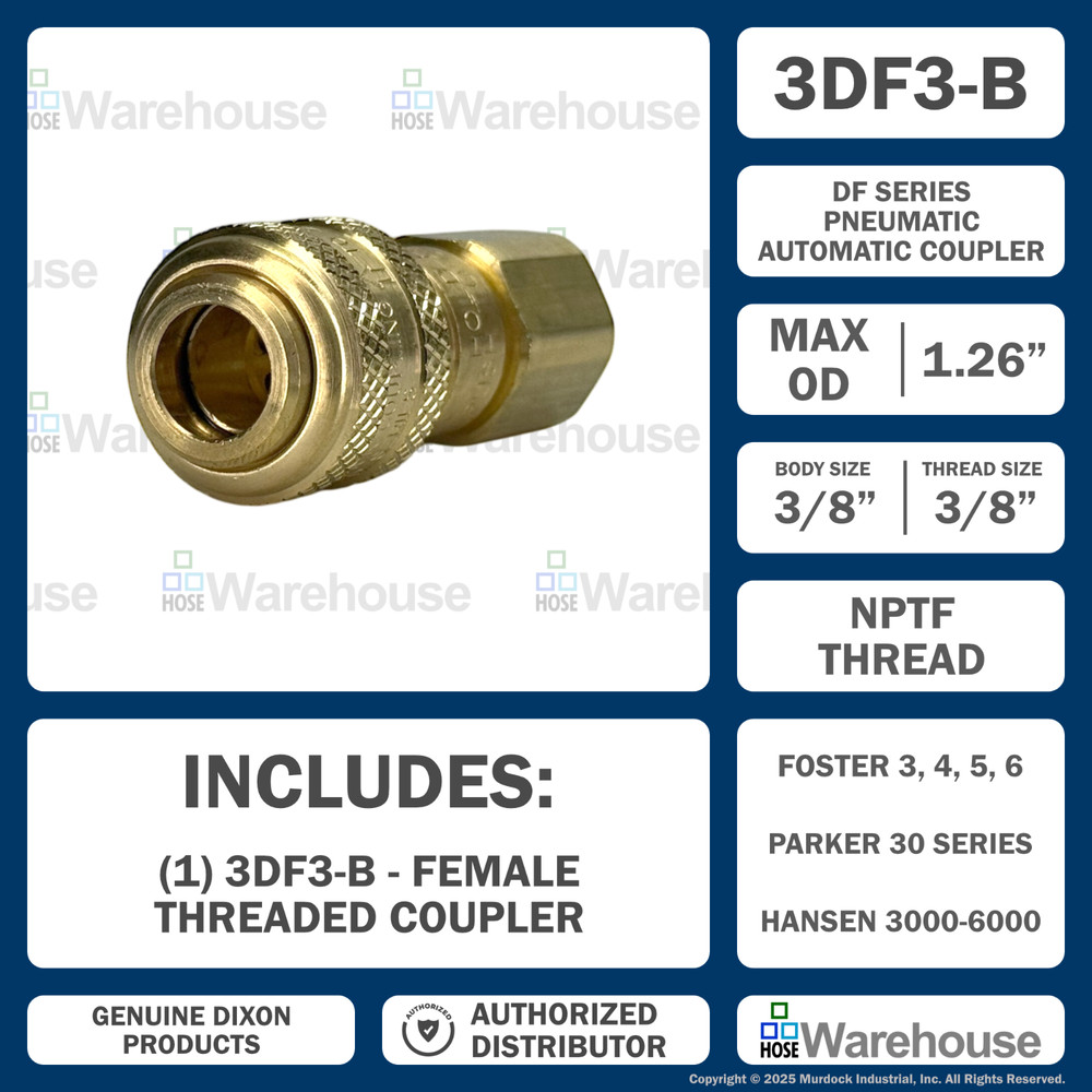 Genuine Dixon 3DF3-B DF-Series Coupler – Brass Automatic Pneumatic Female Thread