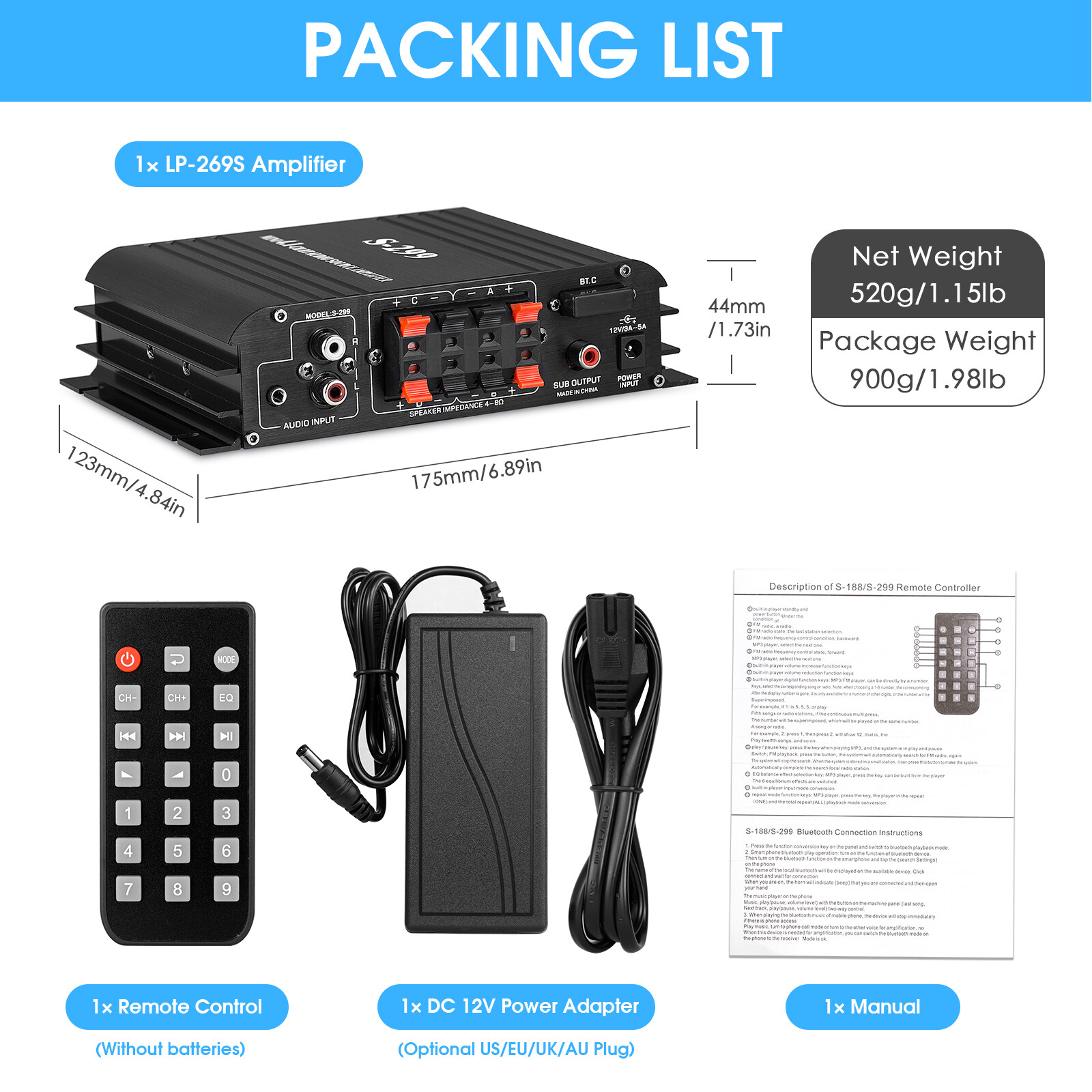 S299 4 Channel Bluetooth Digital Amplifier for Home/Car Speaker Audio Power Amp