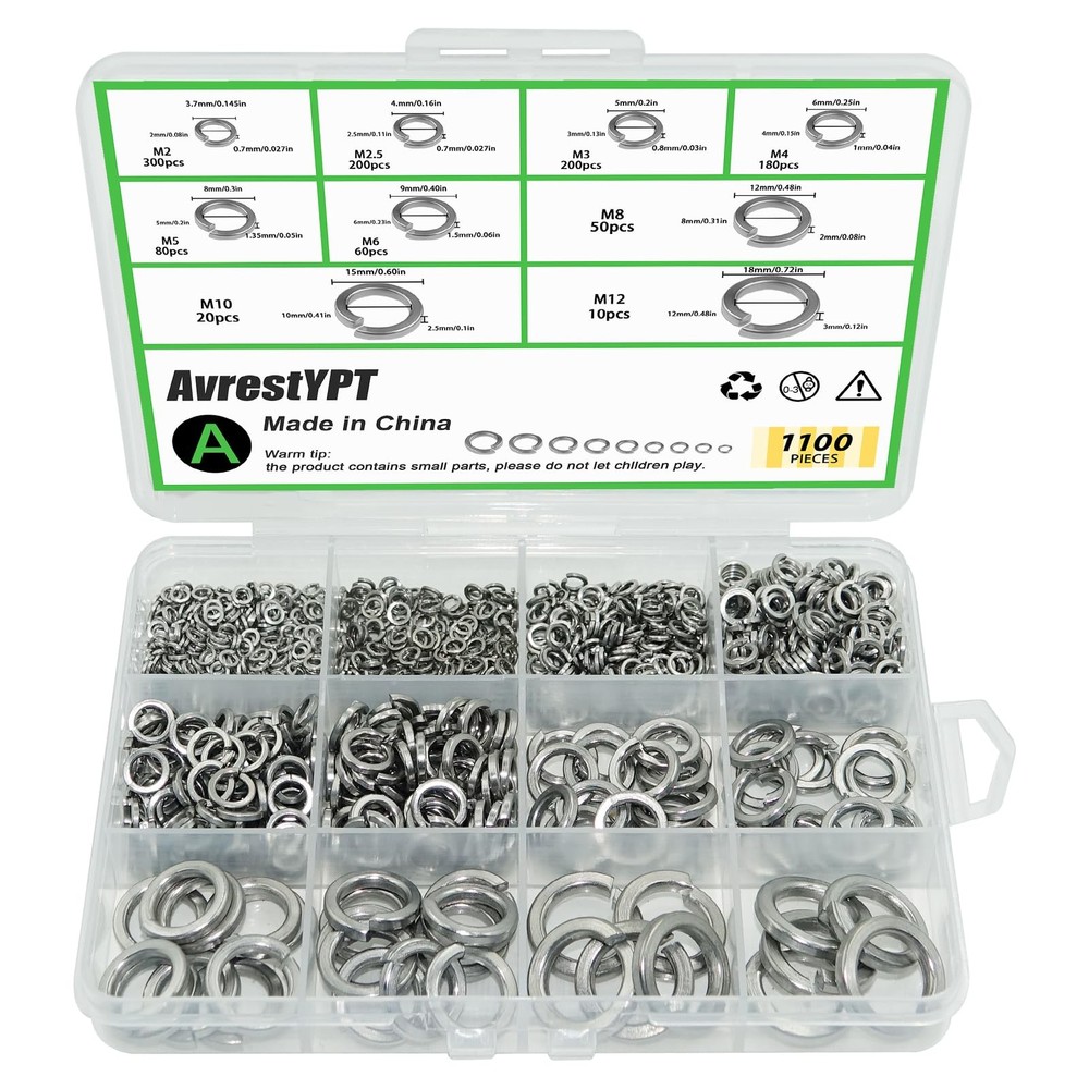 1100 Pcs Spring Lock Washers Assortment Kit Metric Split Spring Lock Washer New