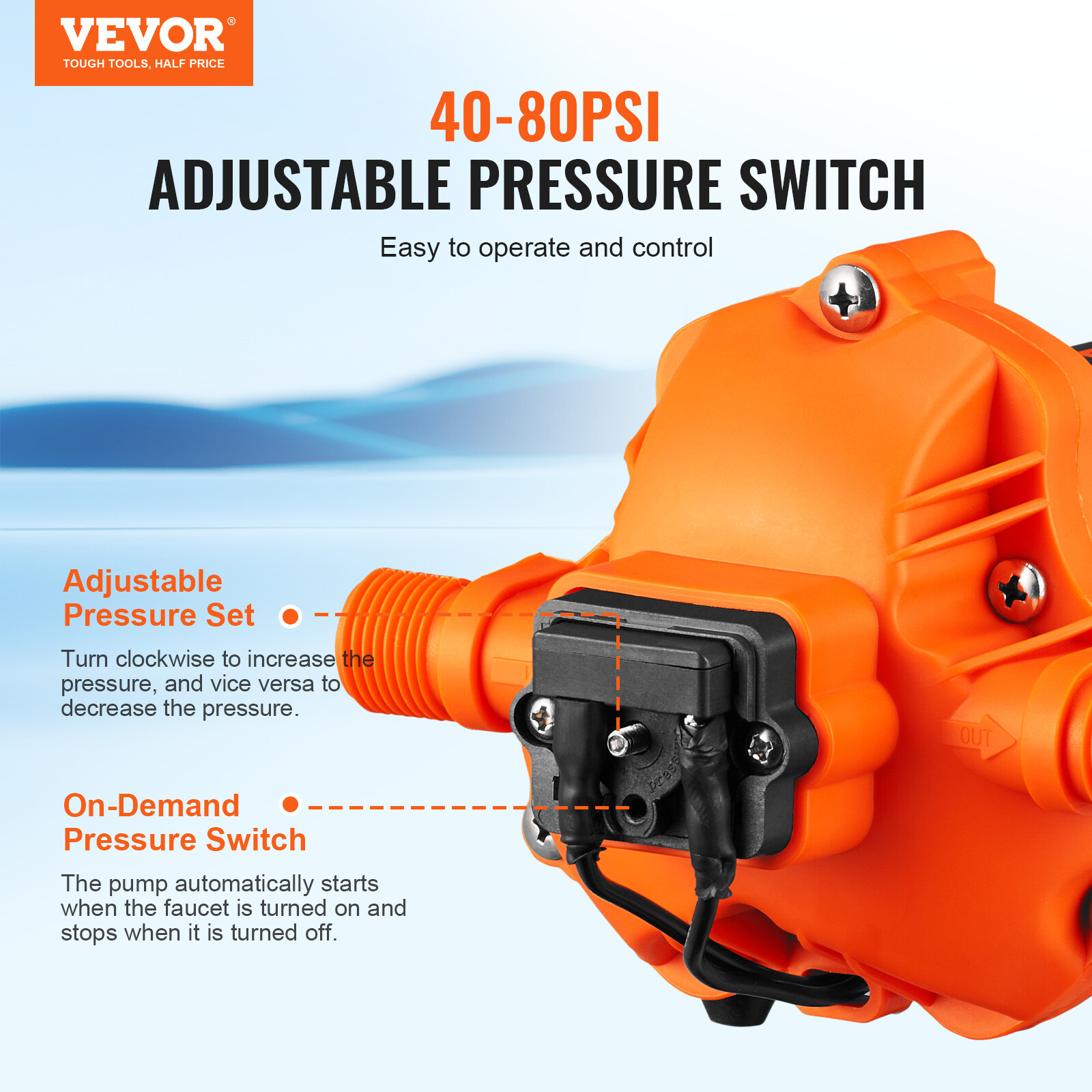 VEVOR 110V Water Pressure Diaphragm Pump Self-Priming Pump 45 PSI 3.3GPM Boat RV