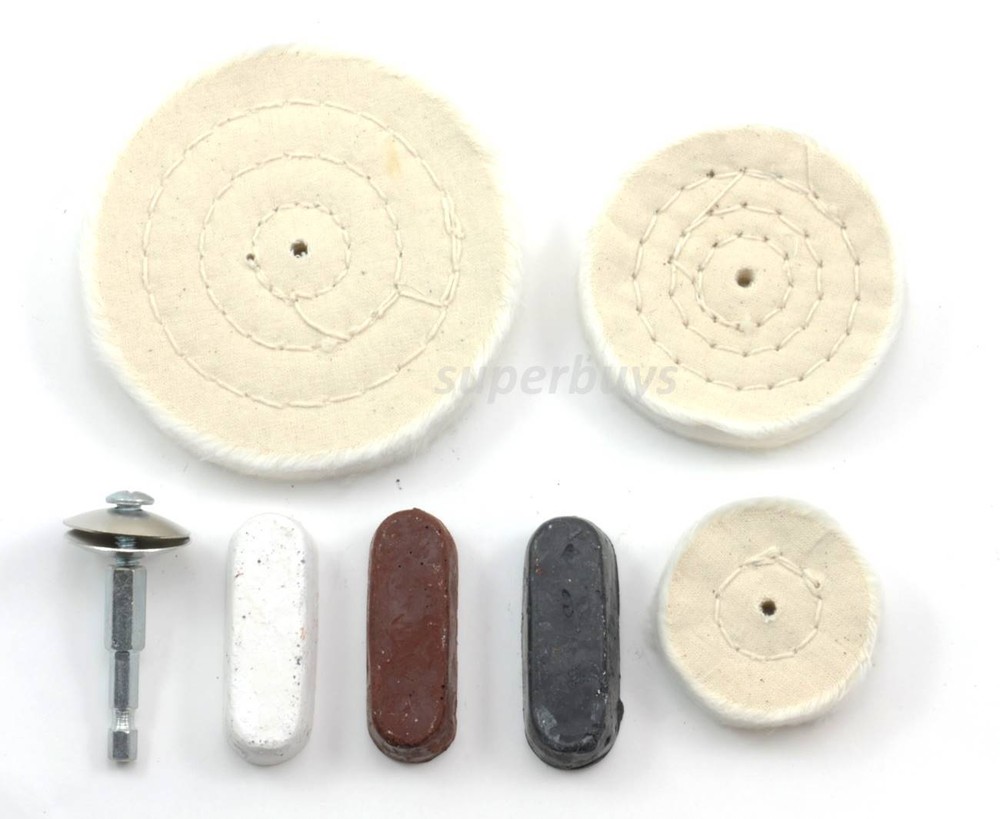7pc White Cloth Buffer Wheel Kit 50 75 100mm Mandrel + Polishing Compound Bit