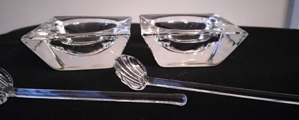 VINTAGE SQUARE OPEN SALT CELLAR DIPS GLASS SPOONS