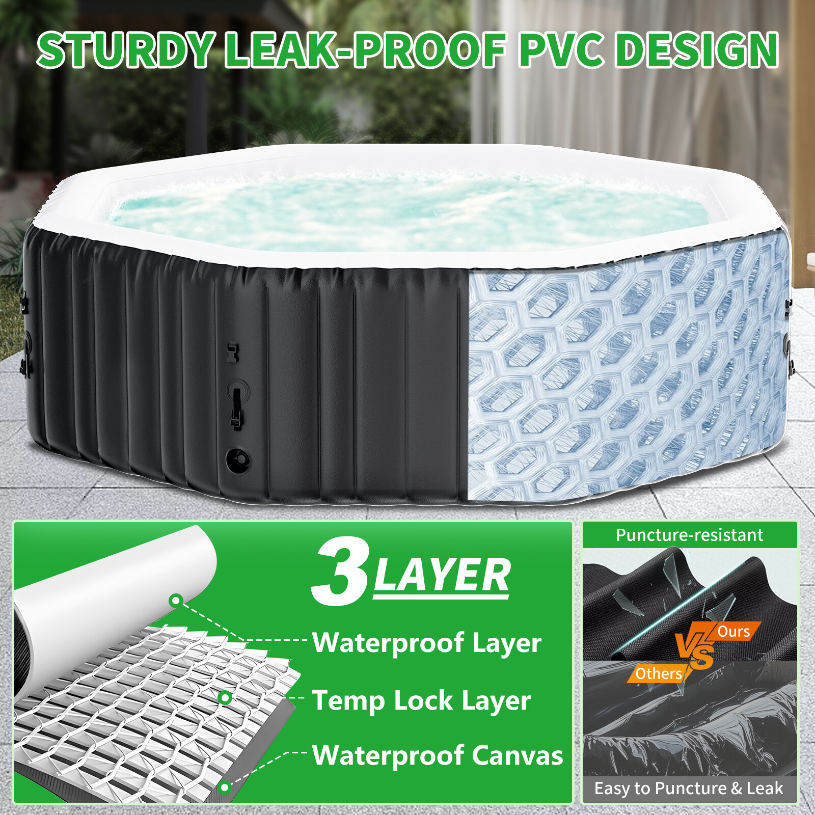 SLSY Octagon 6 Person Inflatable Hot Tub Spa with 130AirJets and Insulated Cover