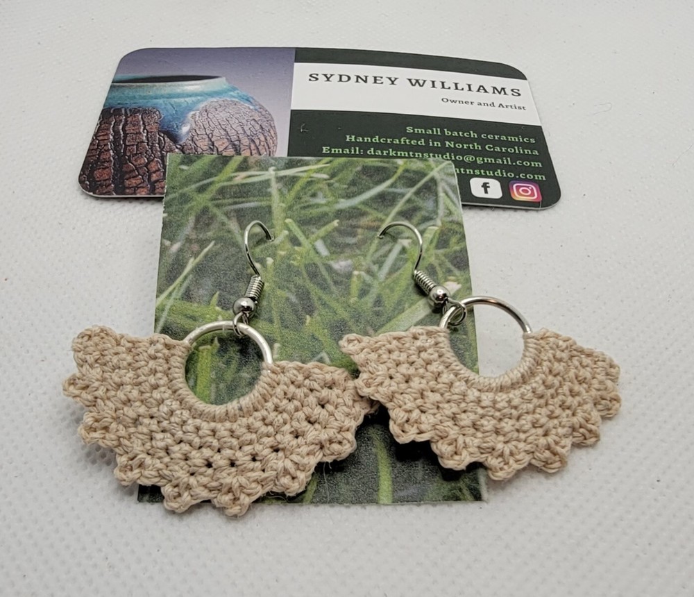 Handmade Crocheted Beige Silver Tone Earrings