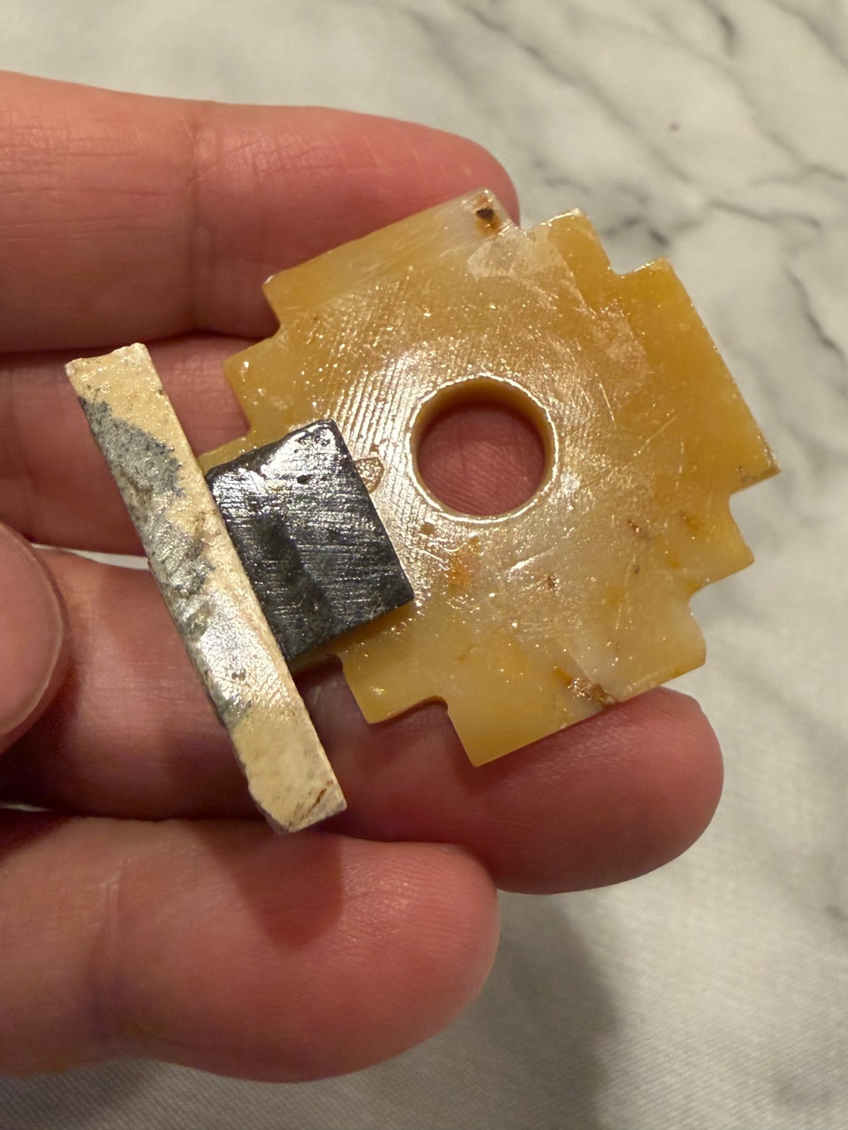 Vintage Small Yellow Stone Carving Chakana Inca Cross on Stand