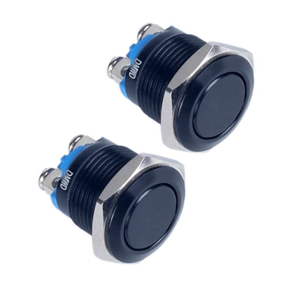 2-Pack 16mm Metal Momentary Push Button Switch Black Momentary Flat Head