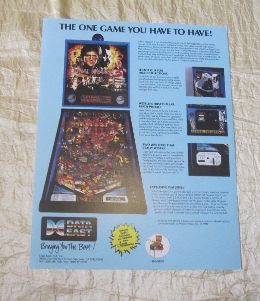 1992 DATA EAST LETHAL WEAPON 3 PINBALL FLYER