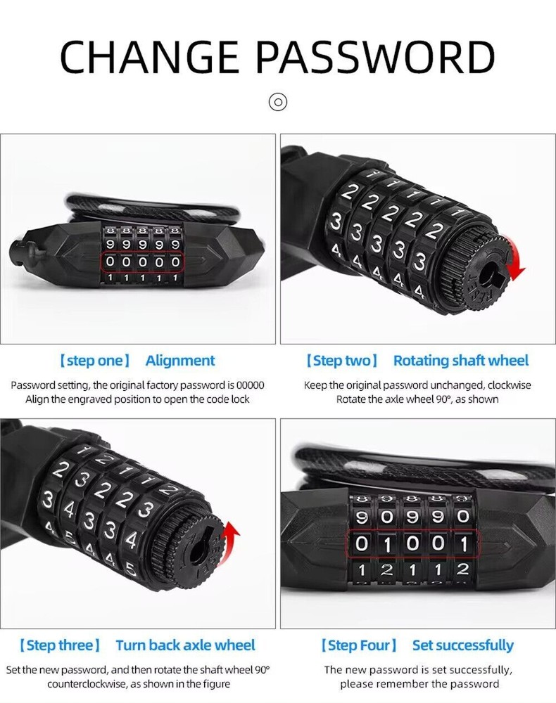 Bike Cable Anti-Theft Lock 1200mm 5 Digit Resettable Code Secure Lock Black